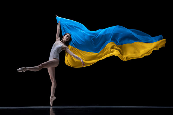 ballerina dancing with Ukranian flag