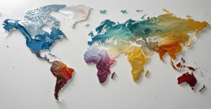 Image of world map with land in colorful acrylic paint