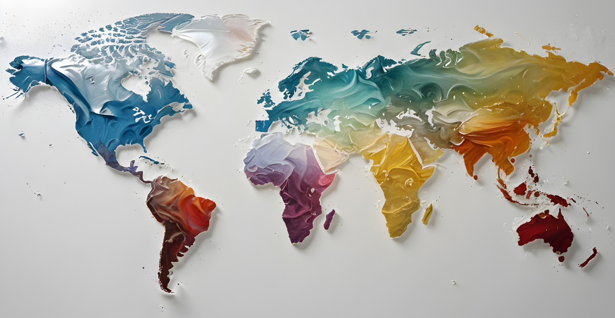 Image of world map with land in colorful acrylic paint