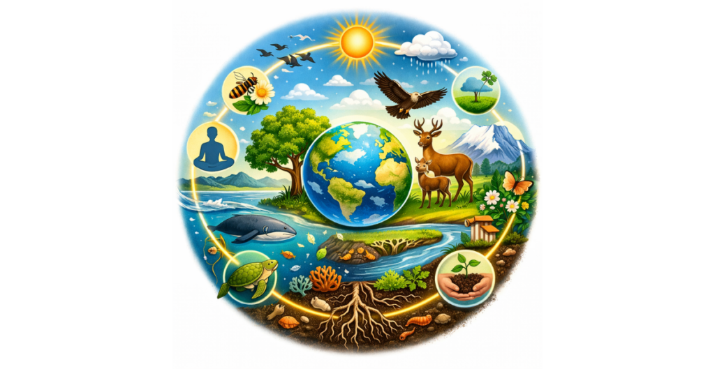 Image of graphic of the earth with icons of nature's important pieces like plants and animals.